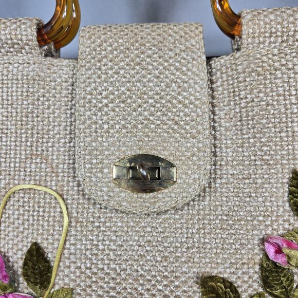 Vintage Handmade Tote Bag Velvet Flowers Woven Straw Look Purse Acrylic Handles - Picture 5 of 12